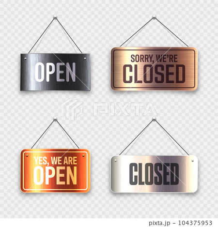 Brushed metal Open and Closed hanging signboards. Vintage door sign for cafe, restaurant, bar or retail store. Announcement banner, information signage for business or service. Vector illustration Brushed metal Open and Closed hanging signboards. Vintage door sign for cafe, restaurant, bar or retail store. Announcement banner, information signage for business or service. Vector illustration 104375953