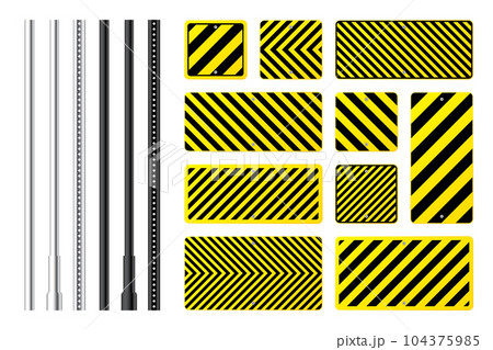 Warning, danger signs, attention banners with metal poles. Yellow caution sign, construction site signage. Notice signboard, warning banner, road shield. Vector illustration 104375985