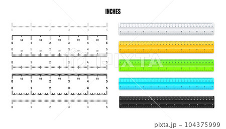 Realistic plastic rulers with black inch scale for measuring length or height. Various measurement scales with divisions. Ruler, tape measure marks, size indicators. Vector illustration Realistic plastic rulers with black inch scale for measuring length or height. Various measurement scales with divisions. Ruler, tape measure marks, size indicators. Vector illustration 104375999
