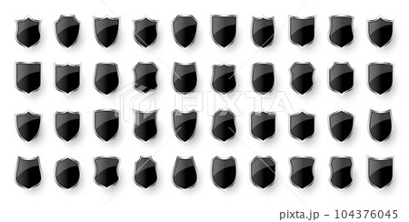 Set of various vintage 3d shield icons. Black heraldic shields. Protection and security symbol, label. Vector illustration 104376045
