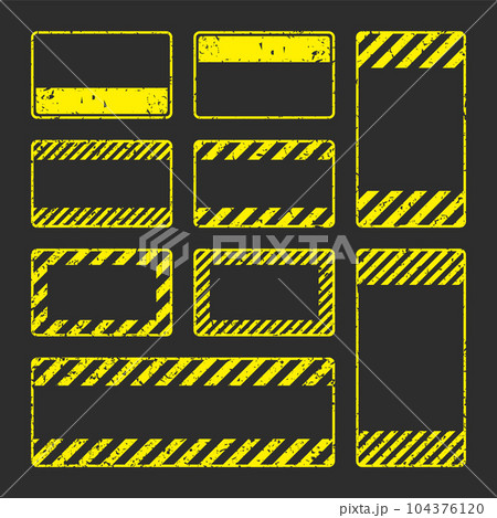 Various yellow grunge warning signs with diagonal lines. Old attention, danger or caution sign, construction site signage. Realistic notice signboard, warning banner, road shield. Vector illustration Various yellow grunge warning signs with diagonal lines. Old attention, danger or caution sign, construction site signage. Realistic notice signboard, warning banner, road shield. Vector illustration 104376120