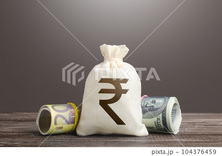 Indian rupee money bag. Deposits and savings. Loans and credits, mortgage. Funding and grants. Banks and finance. Investments, fundraising. Economics and currency exchange, stock market. 104376459