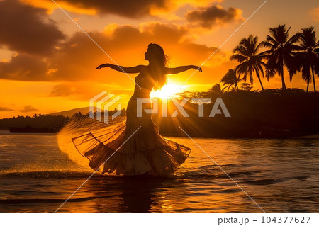 夕日の差すビーチで踊るフラガール8　AI生成画像 104377627
