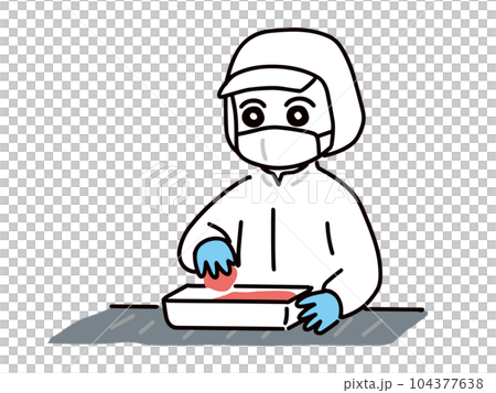 お肉をパックに詰めている白衣のスタッフ お肉をパックに詰めている白衣のスタッフ 104377638