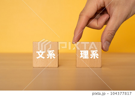 理系と書かれたブロックを選ぶ人 理系と書かれたブロックを選ぶ人 104377817