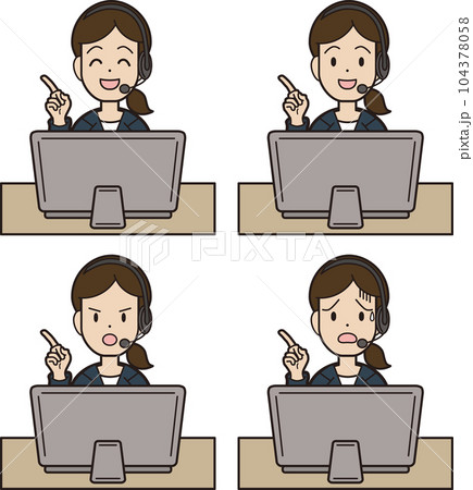 パソコン入力をしながら電話応対をするスーツの若い女性　コールセンター　表情パターン　指さし 104378058
