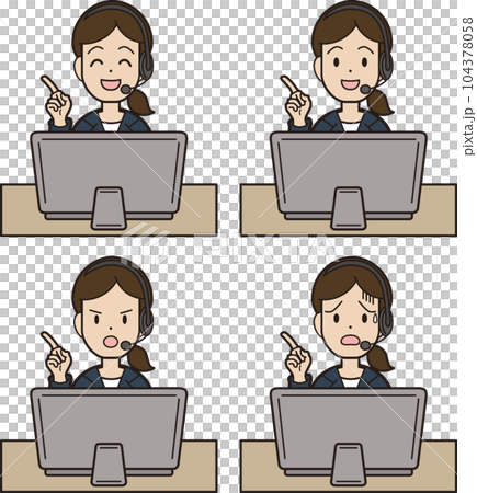 パソコン入力をしながら電話応対をするスーツの若い女性　コールセンター　表情パターン　指さし 104378058