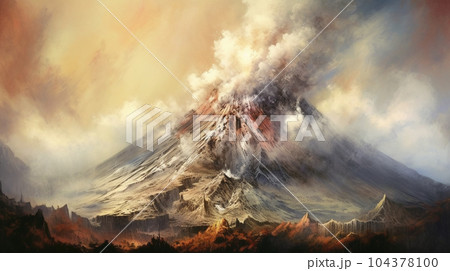 火山噴火：活火山が噴火している様子の水彩画