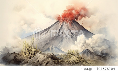 火山噴火：活火山が噴火している様子の水彩画