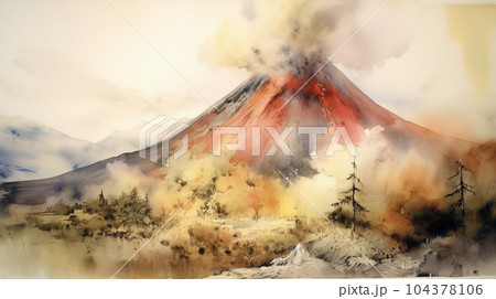 火山噴火：活火山が噴火している様子の水彩画