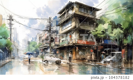大雨の街角：大雨に見舞われた街の様子の水彩画
