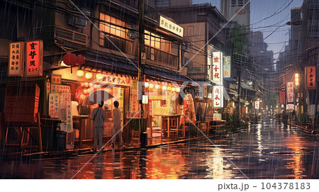 大雨の街角：大雨に見舞われた街の様子の水彩画