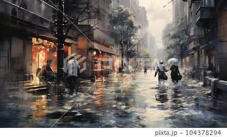 都市を襲う津波・洪水：都市に洪水の被害が出ている様子の水彩画