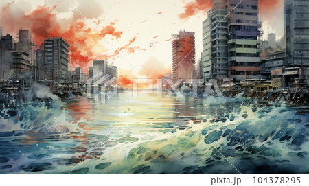都市を襲う津波・洪水：都市に洪水の被害が出ている様子の水彩画