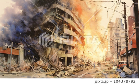 都市を直撃する地震：都市直下型地震の水彩画