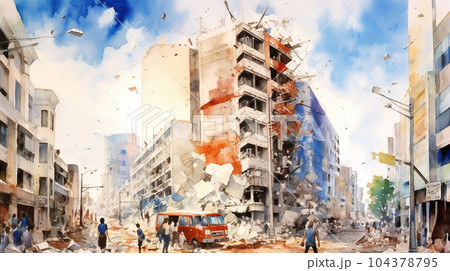 都市を直撃する地震：都市直下型地震の水彩画
