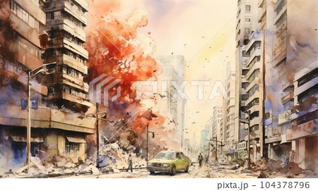 都市を直撃する地震：都市直下型地震の水彩画