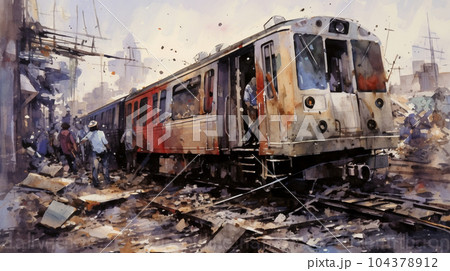 列車事故：列車事故発生直後の水彩画