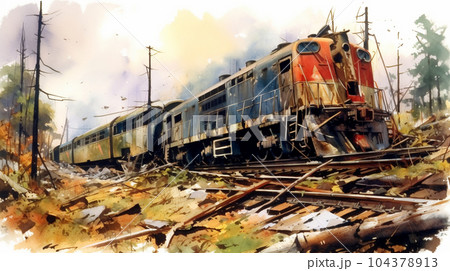列車事故：列車事故発生直後の水彩画