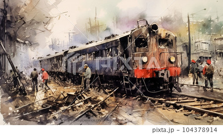 列車事故：列車事故発生直後の水彩画