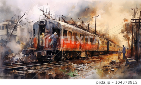 列車事故：列車事故発生直後の水彩画
