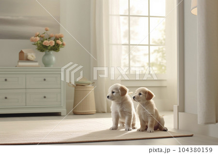 綺麗なリビングルームで遊ぶ可愛い子犬「AI生成画像」 104380159