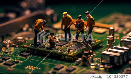 PCの基板の上で一生懸命働いている小人たち 104380377
