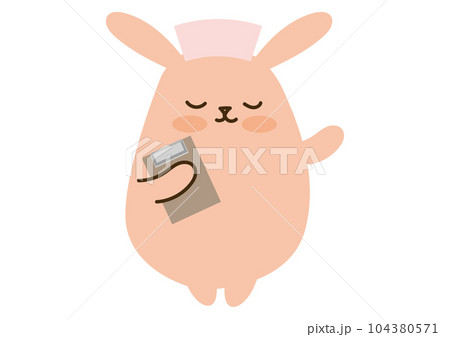 目を閉じたかわいいうさぎ、カルテ、ナースキャップ 104380571