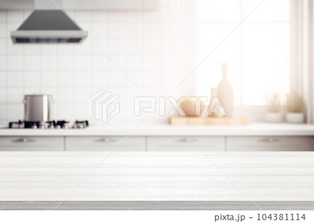 Empty Wood table top on blurred kitchen background.. 104381114