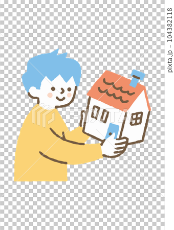 家の模型を持ち上げている男の子_色 104382118