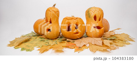 Group of jack-o-lantern on maple leaves. Halloween decoration on a white background. Widescreen.  104383180