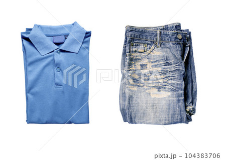 Top view of blue polo shirt and Old jeans on a white background Top view of blue polo shirt and Old jeans on a white background 104383706