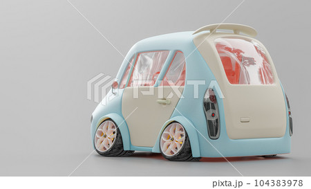 Cute blue car back view on gray background. Designed in concept of energy-saving, Eco car vehicles or small electric car. Space on the side for text entry. Cute blue car back view on gray background. Designed in concept of energy-saving, Eco car vehicles or small electric car. Space on the side for text entry. 104383978