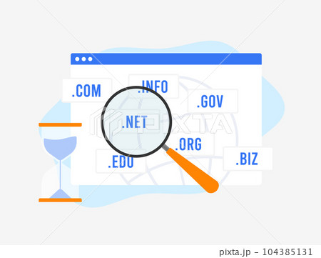 Domain Age - SEO rank factor concept. Check website domain with different web domain namespace, history and age with hourglass illustration. Boost search engine optimization 104385131