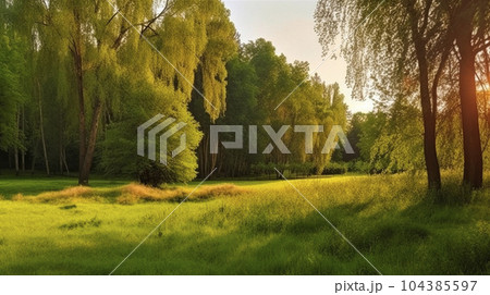 Summer warm landscape with green field and park 104385597