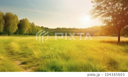 Summer warm landscape with green field and park 104385603