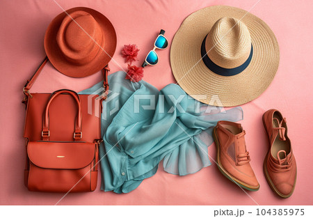 handbag and accessories on top of table with Generative AI handbag and accessories on top of table with Generative AI 104385975