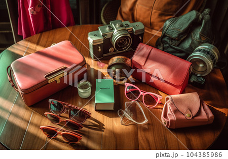 handbag and accessories on top of wooden table with Generative AI 104385986