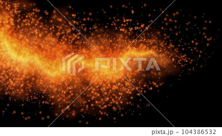 Orange-yellow sparks isolated on a black background. 104386532