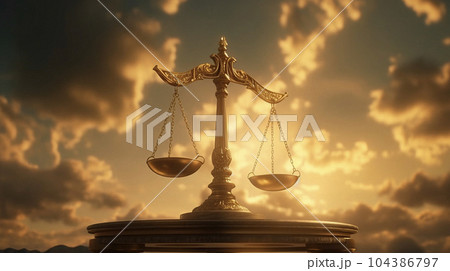 Justice. Golden scales in the sky. Time to make a choice 104386797
