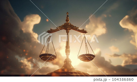 Justice. Golden scales in the sky. Time to make a choice 104386860