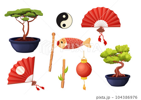 Set Japan traditional lantern with gold tassel, asian hand fan, paper koinobori fish, bonsai tree in cartoon style isolated on white background. Set Japan traditional lantern with gold tassel, asian hand fan, paper koinobori fish, bonsai tree in cartoon style isolated on white background. 104386976