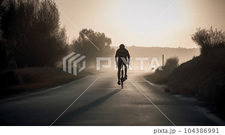 a cyclist rides towards the dawn 104386991