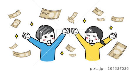 大量のお札に大喜びしている私服の若い男女(上半身) 大量のお札に大喜びしている私服の若い男女(上半身) 104387086