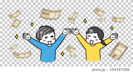 大量のお札に大喜びしている私服の若い男女(上半身) 大量のお札に大喜びしている私服の若い男女(上半身) 104387086