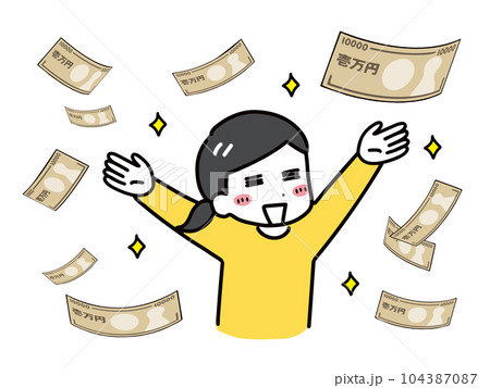 大量のお札に大喜びしている私服の若い女性(上半身) 大量のお札に大喜びしている私服の若い女性(上半身) 104387087