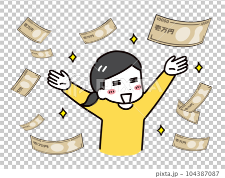 大量のお札に大喜びしている私服の若い女性(上半身) 大量のお札に大喜びしている私服の若い女性(上半身) 104387087