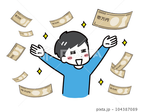 大量のお札に大喜びしている私服の若い男性(上半身) 大量のお札に大喜びしている私服の若い男性(上半身) 104387089