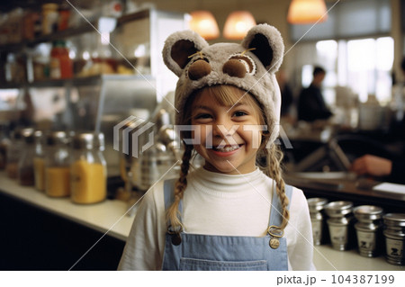 Happy girl in barista costume with Generative AI 104387199