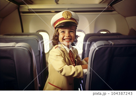 Happy girl in air hostess costume with Generative AI 104387243